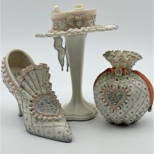 Victorian Style The Bride Miniature Shoe, Hat, Purse, Stand By Willow Hall 1999
